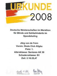 J&ouml;rg von de Fenn. Blinder Inlineskater bei den Deutschen Bahnmeisterschaften f&uuml;r Blinde und Sehbehinderte im Speedskating Autobahn-Marathon 2008 in F&uuml;rth. Die Siegerurkunde.
